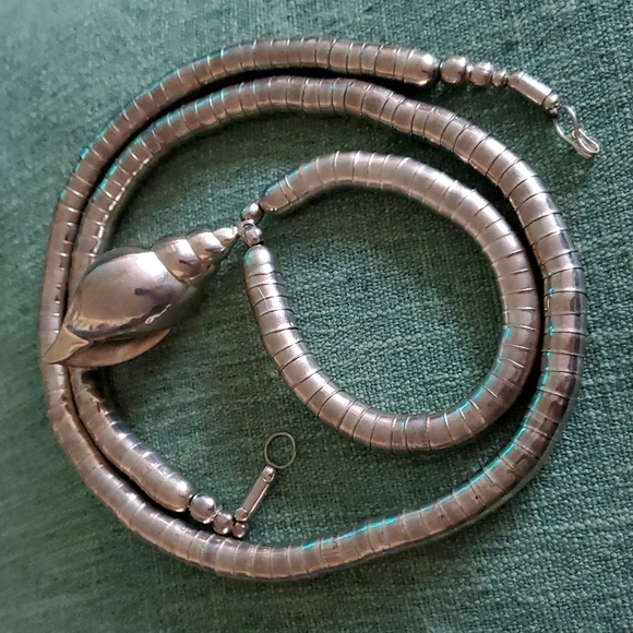 RARE SET VINTAGE SILVER NECKLACE AND BRACELET WITH SHELL CHUNKY SNAKE - Picture 5 of 11
